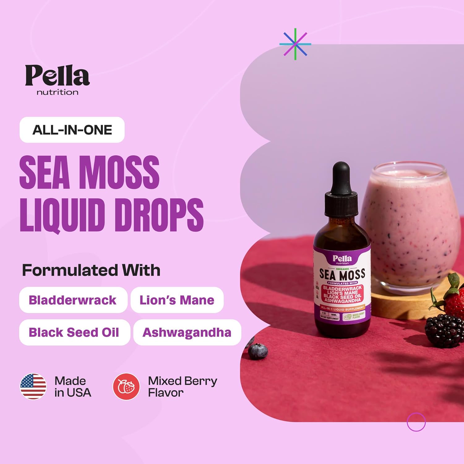 Sea Moss and Ashwagandha Liquid Supplement - Infused with Lion's Mane, Black Seed Oil, and Bladderwrack - Vegan, Easy-to-Mix Formula - Supports Antioxidant Activity & Immune Health (Mixed Berry, 60mL) - Image 3