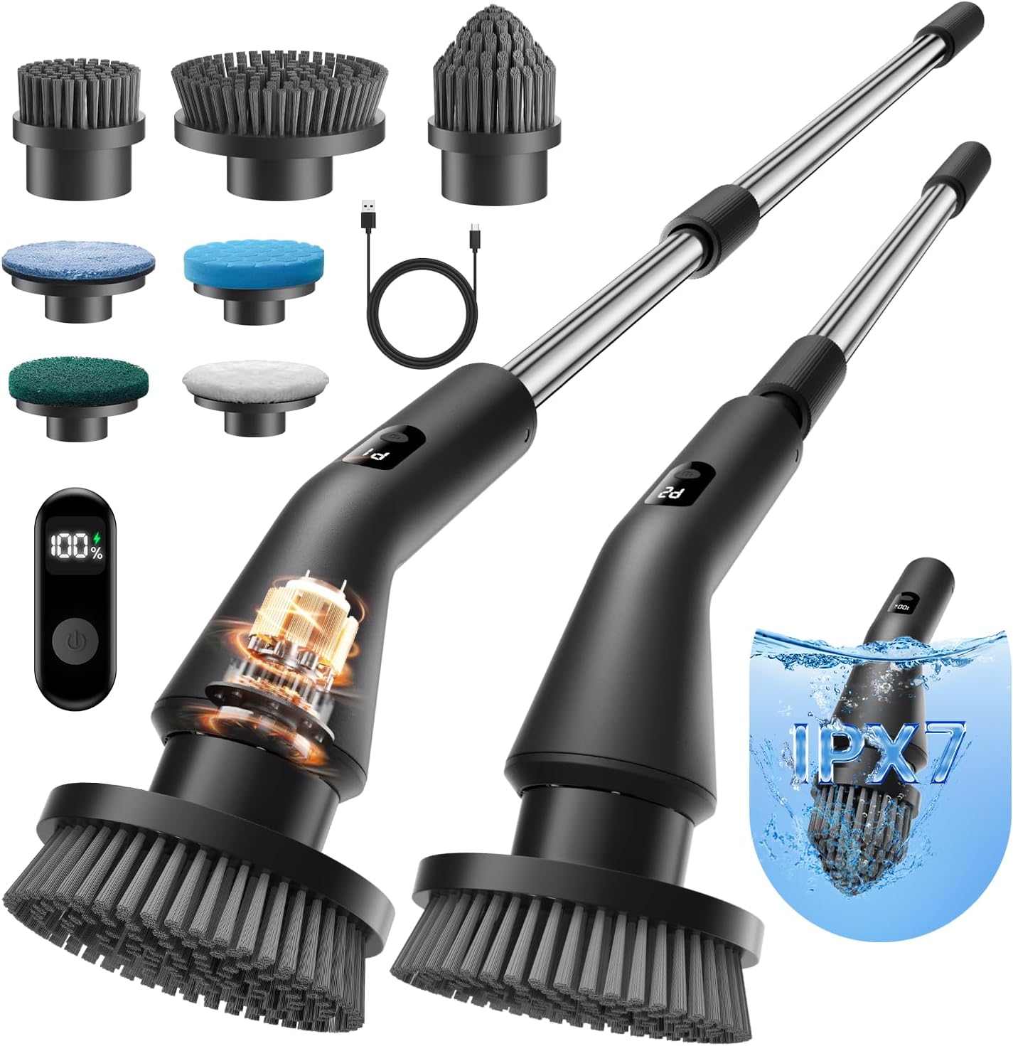 Leebein Electric Spin Scrubber, 2025 New Cordless Cleaning Brush Bathroom Scrubber, IPX7 Waterproof Shower Scrubber with 7 Brush Heads, Extendable Long Handle and 2 Speeds Scrubber for Bathtub Floor - Image 2