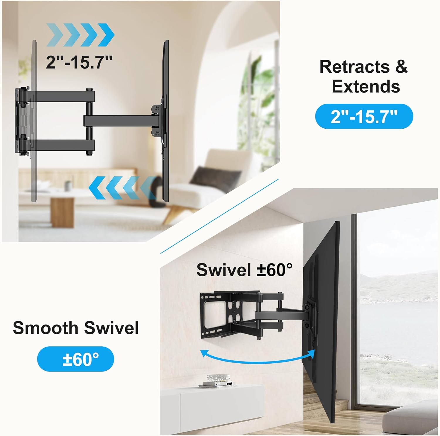 Full Motion TV Wall Mount for Most 26"-70" Flat/Curved TV, Swivel Tilt Bracket with Articulating Dual Arms, Support 100lbs, Max VESA 400x400mm, Fits 12”/16" Wood Stud (MA570) - Image 3
