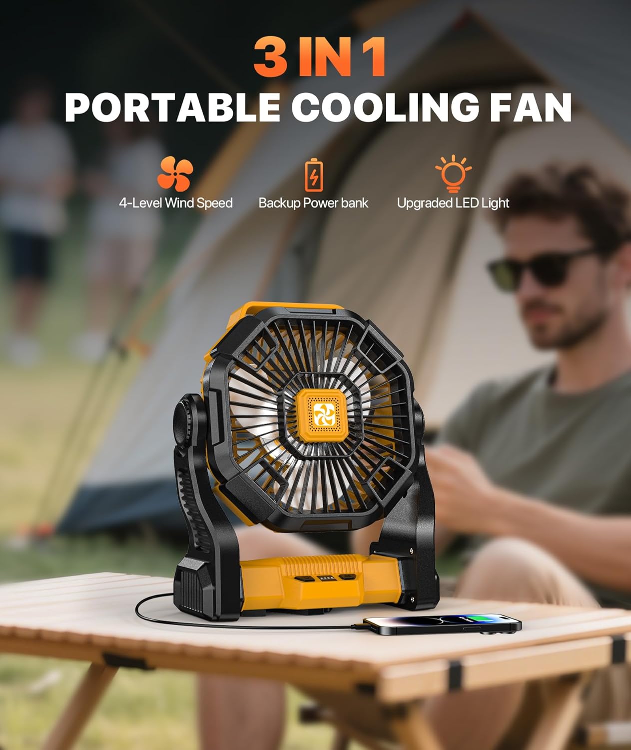 Camping Fan Rechargeable - Battery Powered Fans with Light, 20000mAh Portable Camping Fan for Tents, Hook, 270° Rotation Battery Operated Fans for BBQ Travel Desk Beach with Ventilador Recargable - Image 3