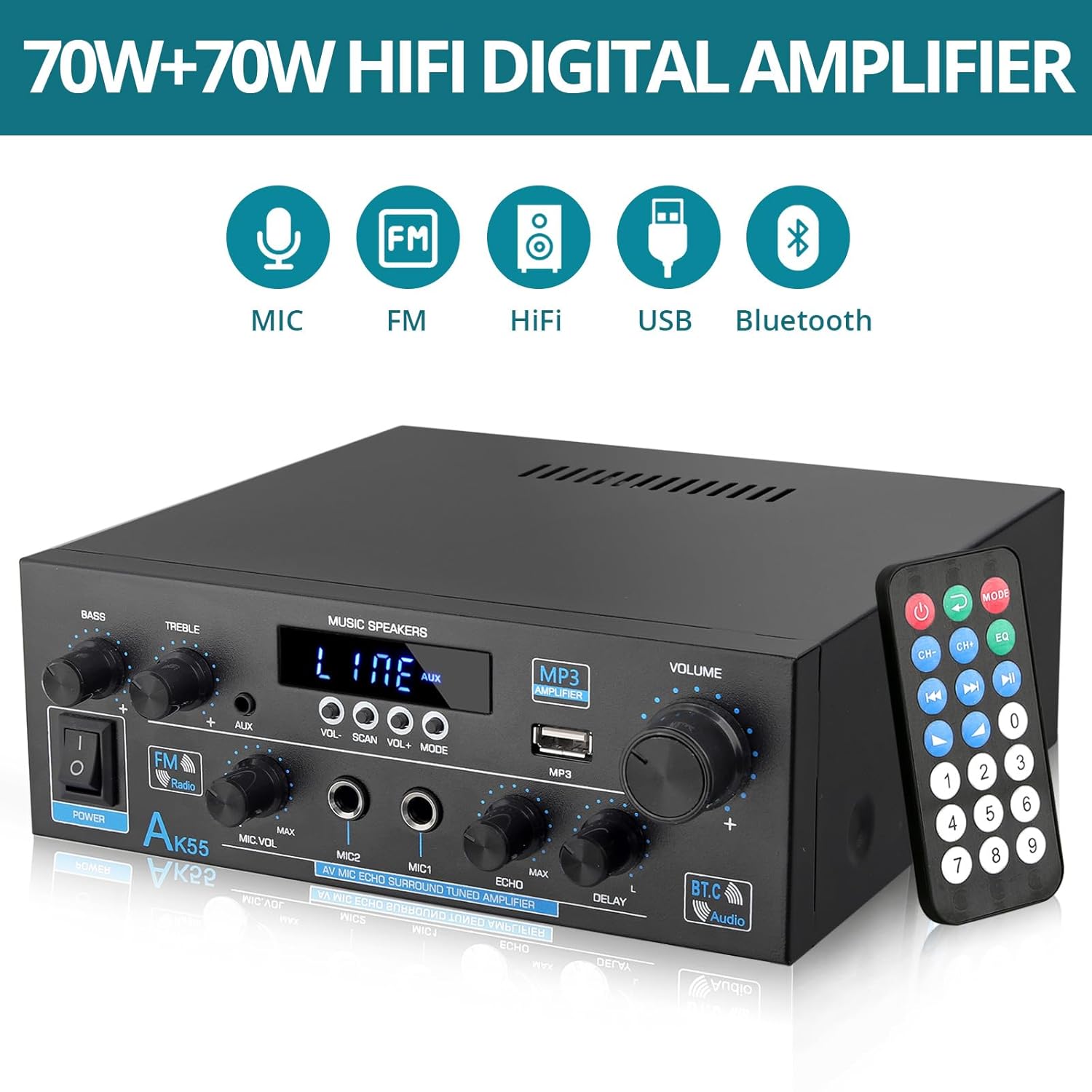 Home Audio Amplifier, Wireless Bluetooth Stereo Receivers Power Amplifier, RMS 70Wx2 450W 2.0 Channel Stereo System Amplifiers with Optical USB/SD, AUX, RCA, MIC in Echo FM Radio, Remote Control - Image 3