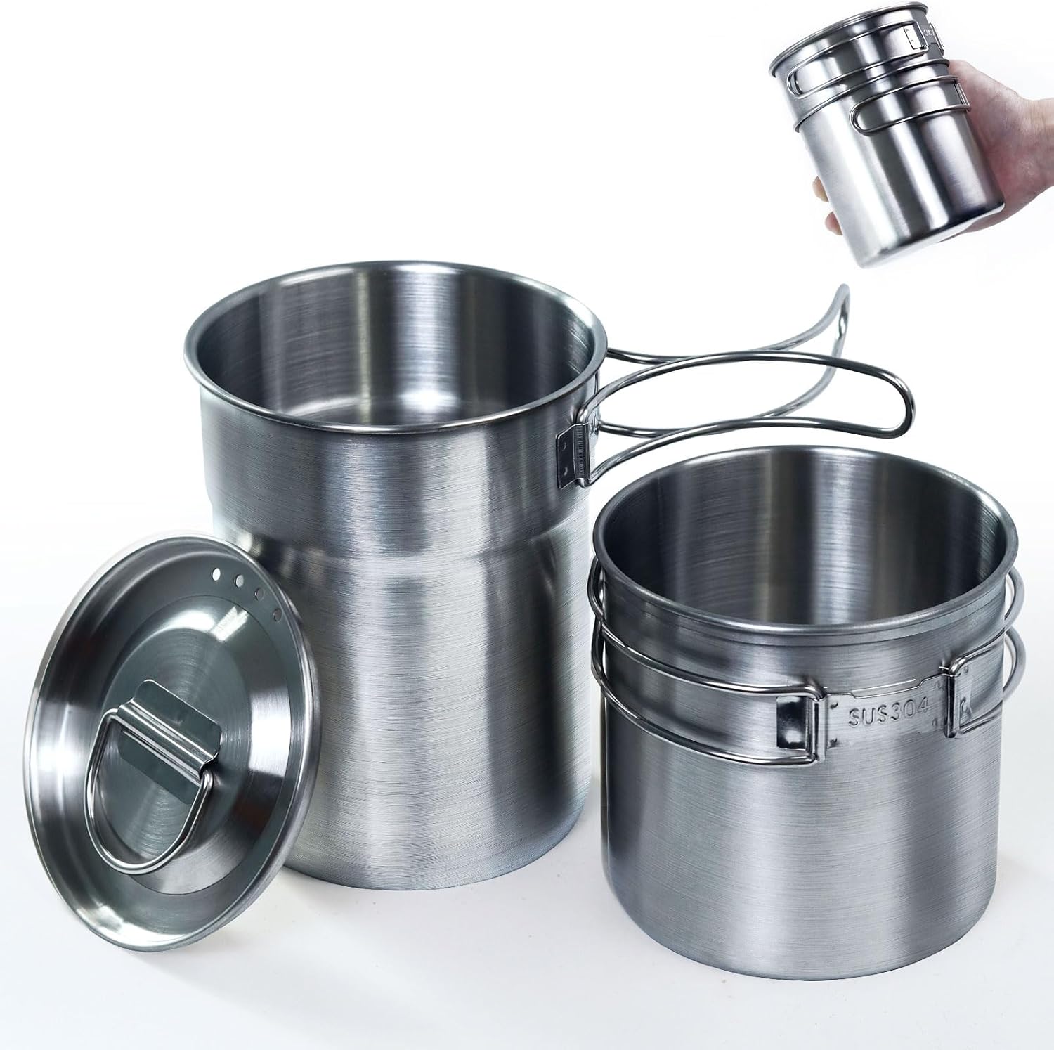 Foldable Camping Cups Mugs Camping Pot Cookware 304-Food-Grade Outdoor Camp Cooking Set with Vented lid,Stainless Steel Backpacking Cookware for Hunting - Image 8