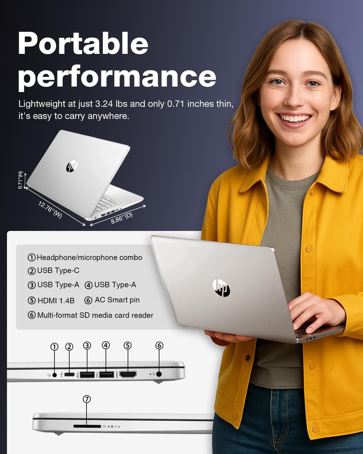 HP Ultra-Portable Laptop for Student and Business - 14" HD Display • Intel 4-Core N150 • Windows 11 Pro • Microsoft Office Lifetime & External DVD Drive • 16GB RAM • 128GB UFS + 256GB Micro SD - Image 5