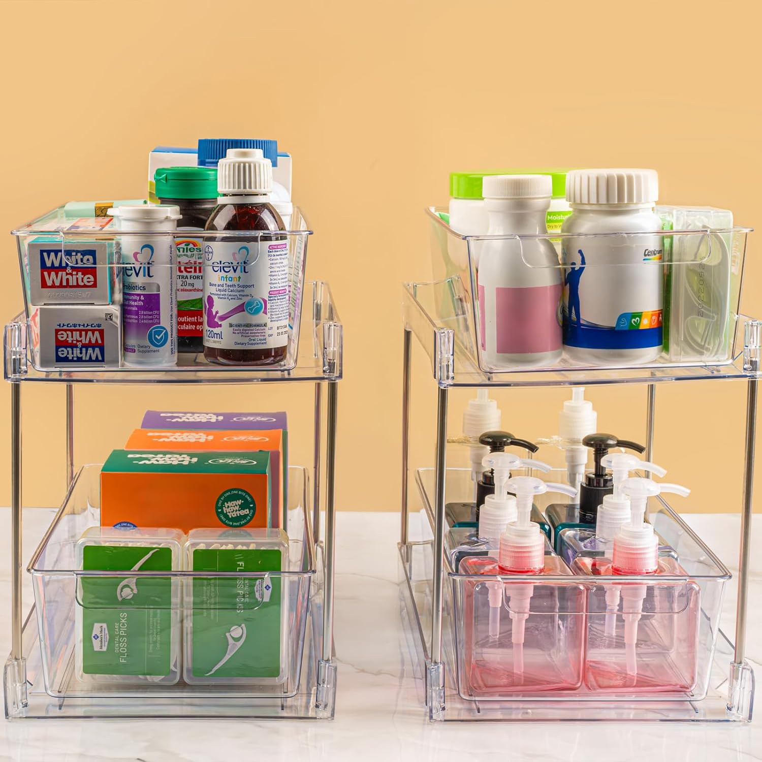 4 Pack 2-Tier Bathroom Under Sink Organizers and Storage - Clear Stackable Containers for Kitchen, Pantry, Vanity, Medicine Cabinet, Makeup, and Counter with Pull-Out Track - Image 7
