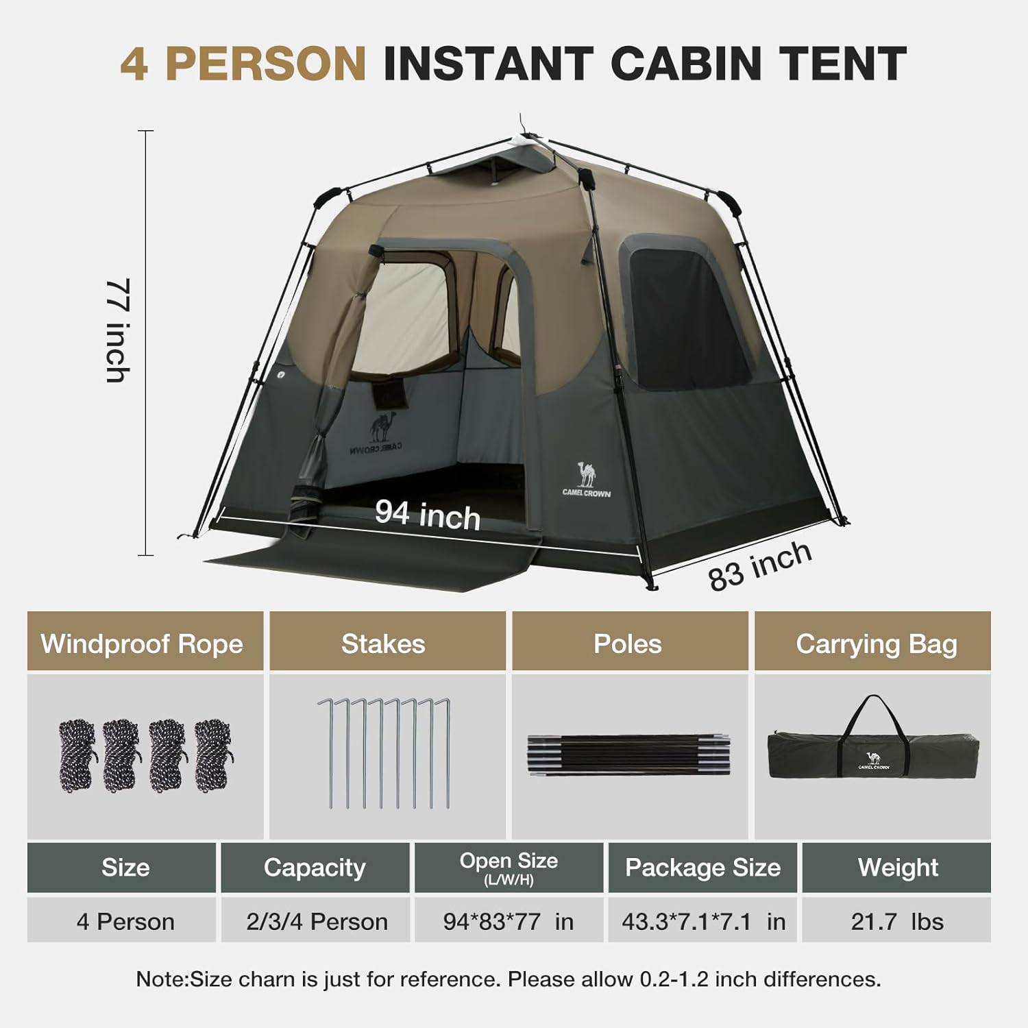 CAMEL CROWN Instant Tents for Camping 4-6 Person Tent Waterproof Easy Setup Sets Up in 60 Seconds Backpacking Tents with Carry Bag for Outdoor Hiking - Image 4