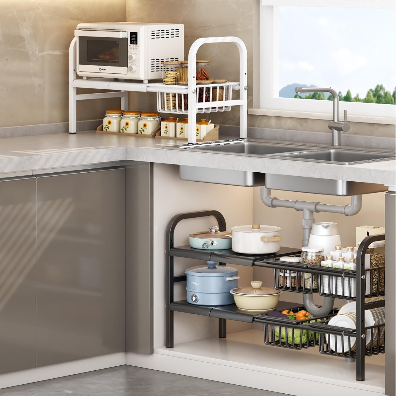 Under Sink Organizer,2 Tier Expandable Heavy Duty Metal Shelf,with 5 Removable Panels and 5 Storage Basket for Under Kitchen Bathroom Sink Organizers and Storage(X-Large,Black) - Image 5