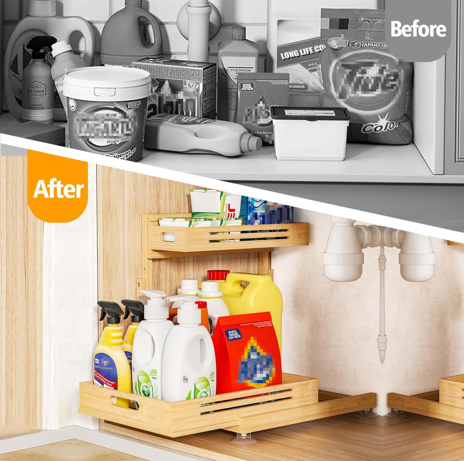 Under Sink Organizer, Pull Out Cabinet Organizer, 2 Tier Slide Out Sink Shelf Cabinet Storage Shelves, Storage for Kitchen Bathroom, Natural Premium Bamboo Wood - Image 6