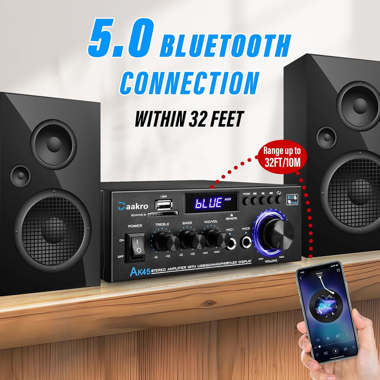 AK45 Stereo Audio Amplifier,300W Home 2 Channel Wireless Bluetooth 5.0 Power Amplifier System, Home Amplifiers FM Radio, USB, SD Card, with Remote Control Home Theater Audio Stereo System - Image 5