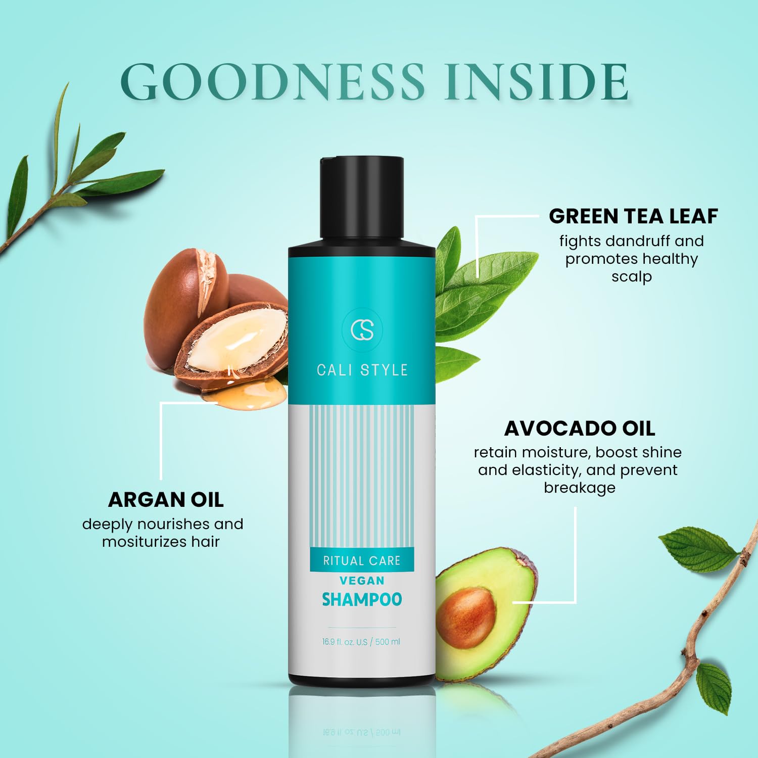 Cali Style Ritual Care Vegan Shampoo | 5-in-1 Benefits - Nourishing, Moisturizing, Hydrating, Cleansing, and Volumizing | With Green Tea, Argan Oil & Keratin | Sulfate & Paraben-Free (16.9 Fl. Oz) - Image 3