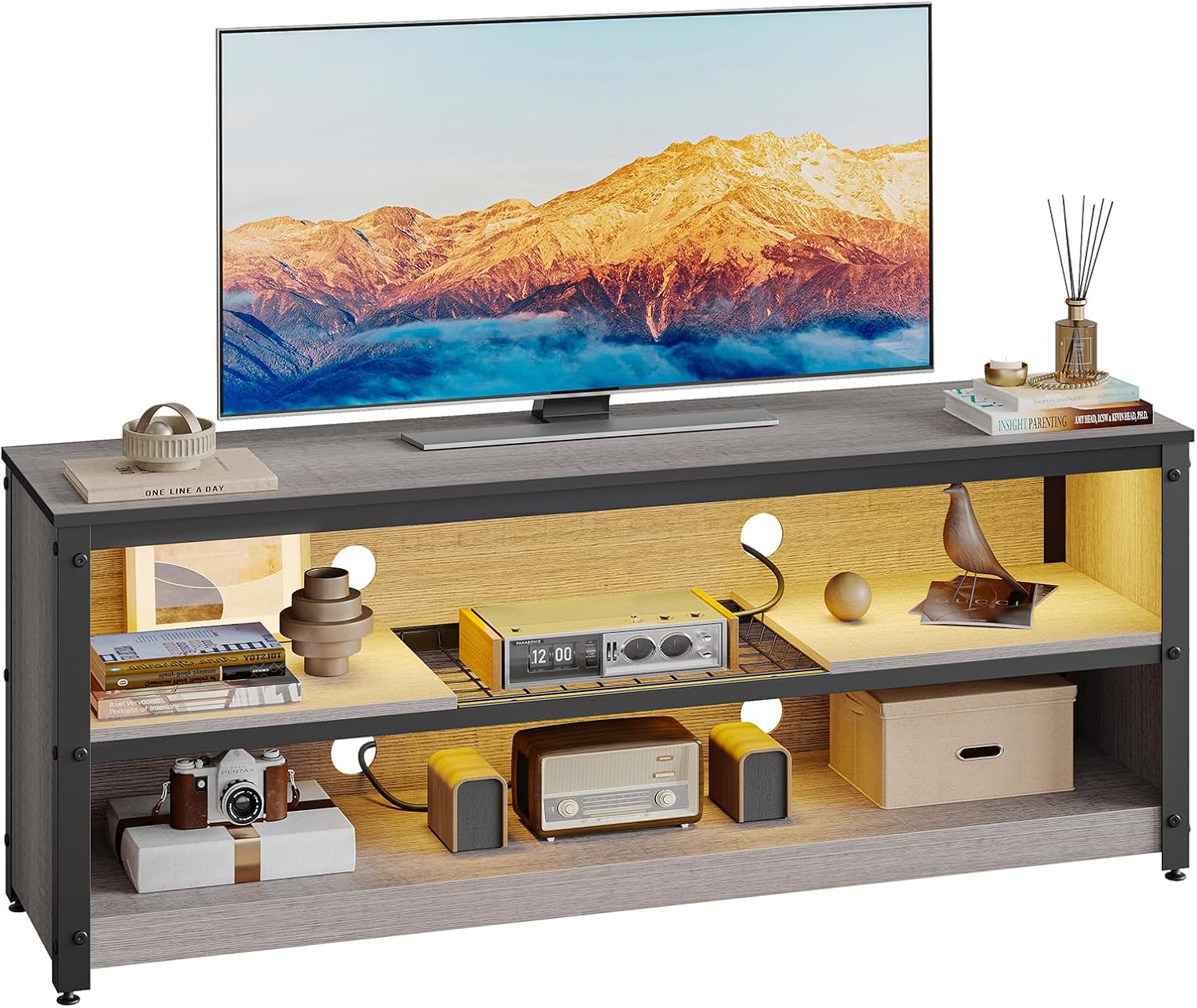 Bestier Gaming Entertainment Center for 50/55/60 Inch TVs, LED TV Stand Cabinet with Adjustable Shelves, Wood Industrial TV Media Console Table with Metal Frame for Living Room Bedroom, Gray - Image 3
