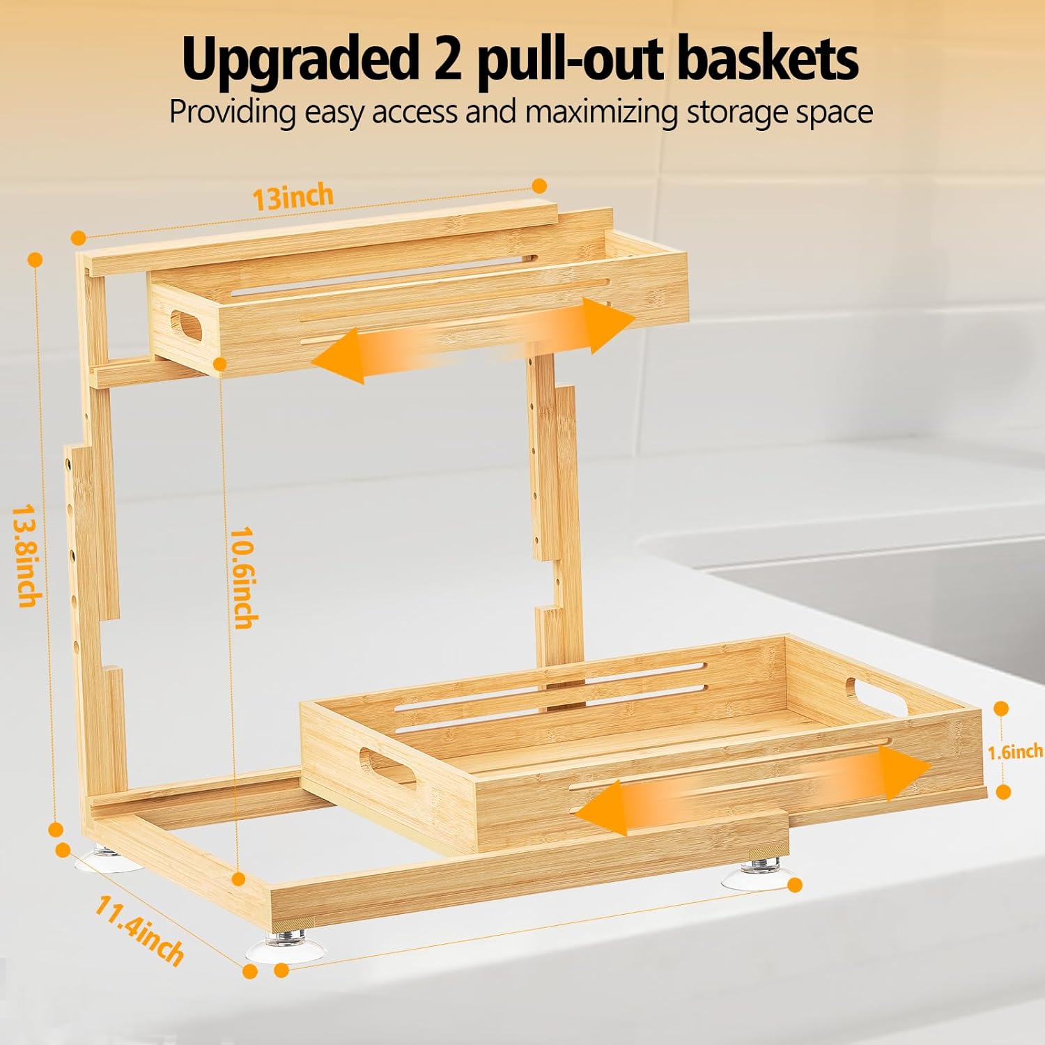 Under Sink Organizer, Pull Out Cabinet Organizer, 2 Tier Slide Out Sink Shelf Cabinet Storage Shelves, Storage for Kitchen Bathroom, Natural Premium Bamboo Wood - Image 4