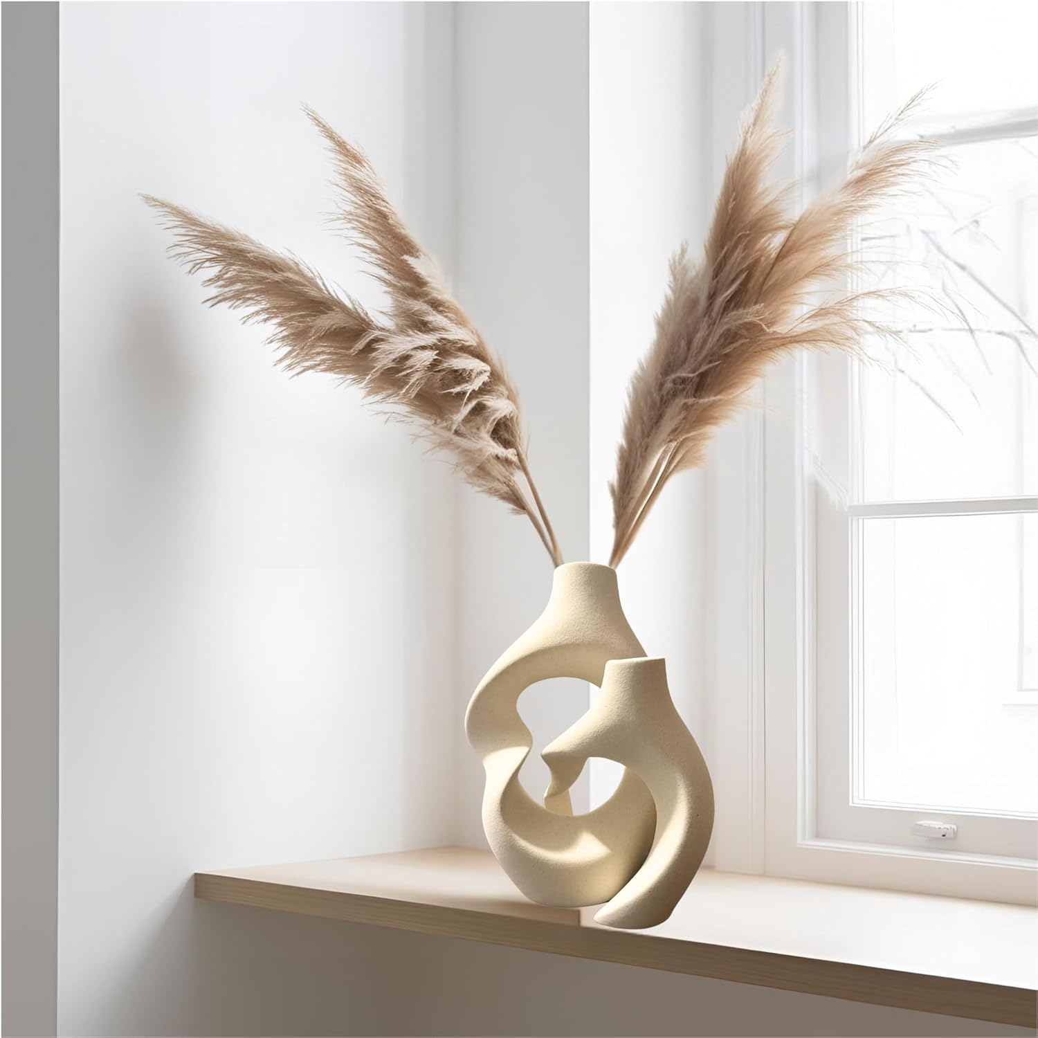Ceramic Vase Set of 2 – Hollow Donut Flower Vase for Home Decor, Modern Nordic Boho Aesthetic Vases for Coffee Table Decor, Bookshelf Decor, Living Room, Entryway, Office Display (Cream White) - Image 9