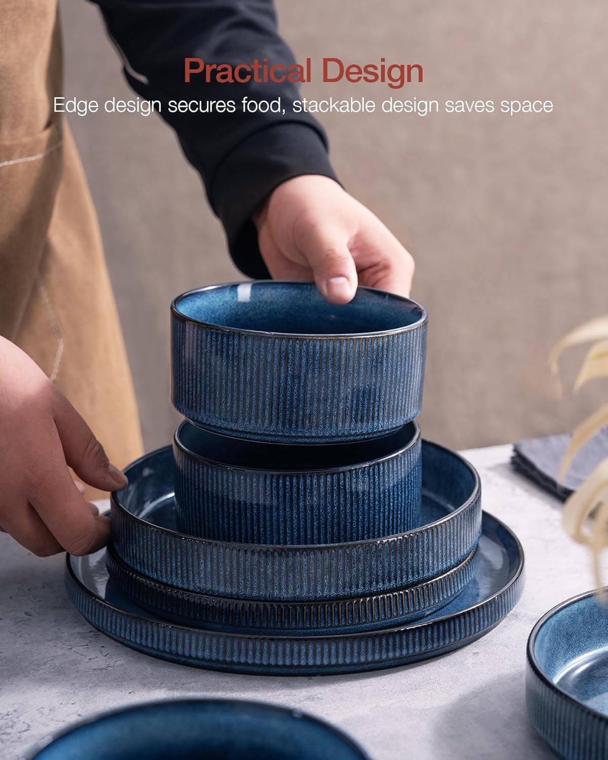 Famiware Star Dinnerware Sets, Plates and Bowls Set for 4, 12 Pieces Ribbed Dishes - Chip and Scratch Resistant, Microwave and Dishwasher Safe Tableware, Nebulas Blue - Image 7