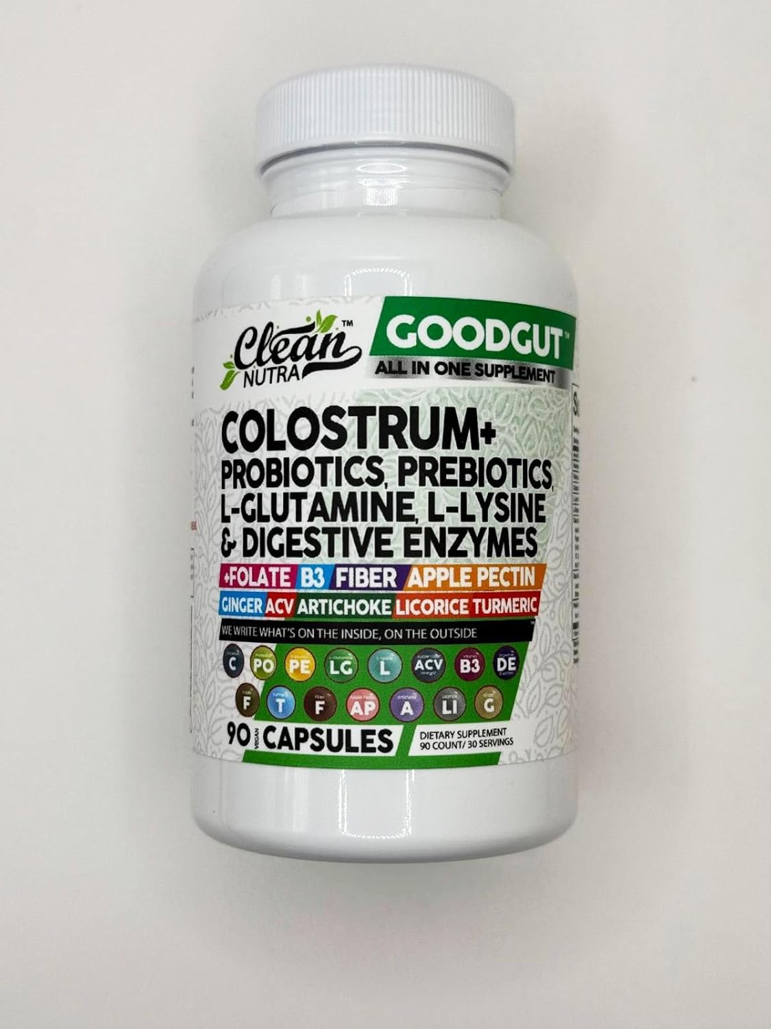 Clean Nutraceuticals Colostrum Supplement Capsules Probiotics Pills Prebiotics, L-Glutamine, Digestive Enzymes, Folate, Fiber, ACV, Turmeric, Apple Pectin and Turmeric Good Gut - Image 6