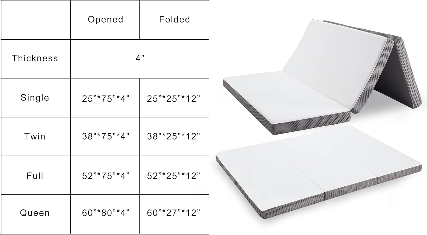 Kingfun Foldable Mattress 4 Inch Folding Mattress Tri-fold Gel Memory Foam Breathable with Storage Bag, Portable Floor Guest Bed Soft for Sleeping Camping, Gray, Single Size - Image 8