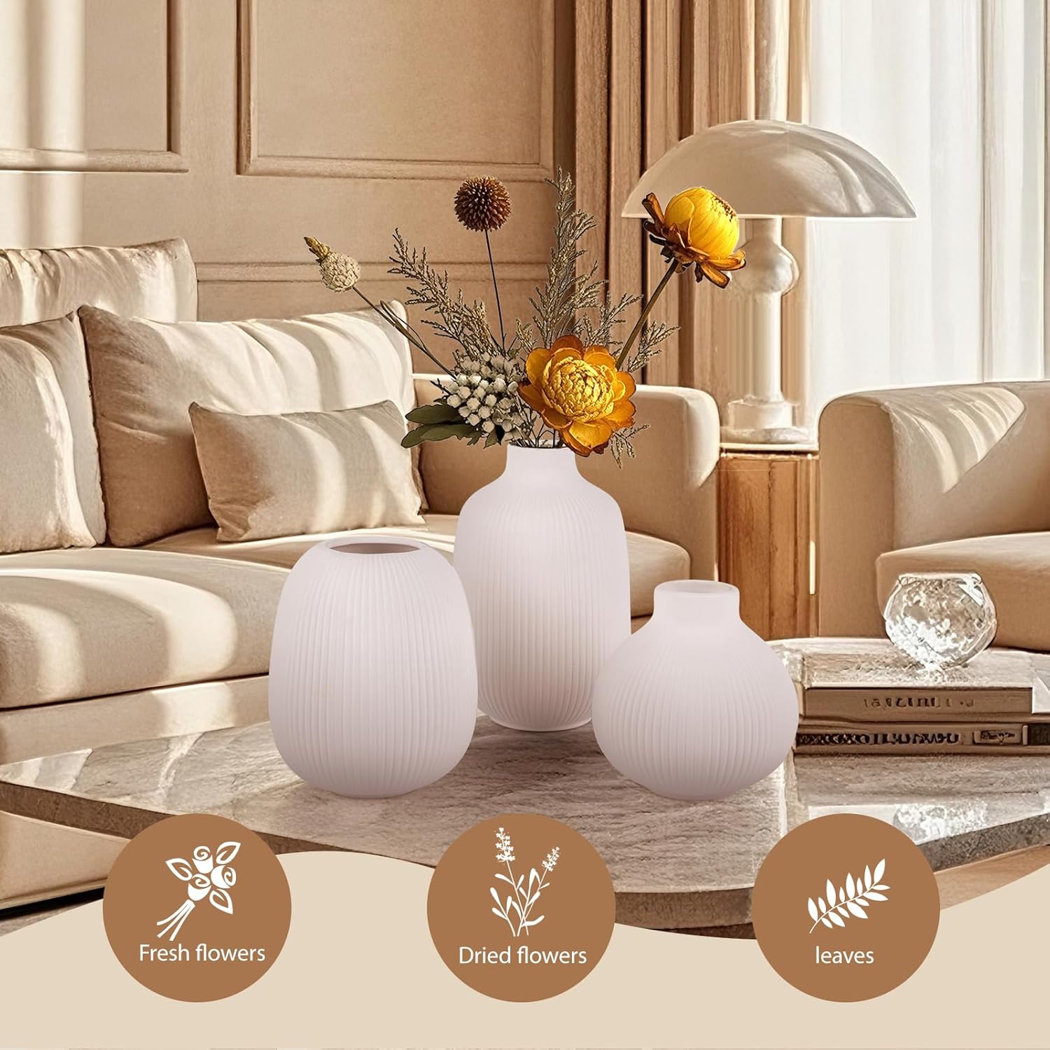 White Ceramic Vases Set of 3, Modern Home vase for Flowers Home Decor for centerpieces Living Room, Ceramic vase Set, Dining Table and Entryway Decor, Housewarmings Gifts, Rustic vases- Stripe - Image 6