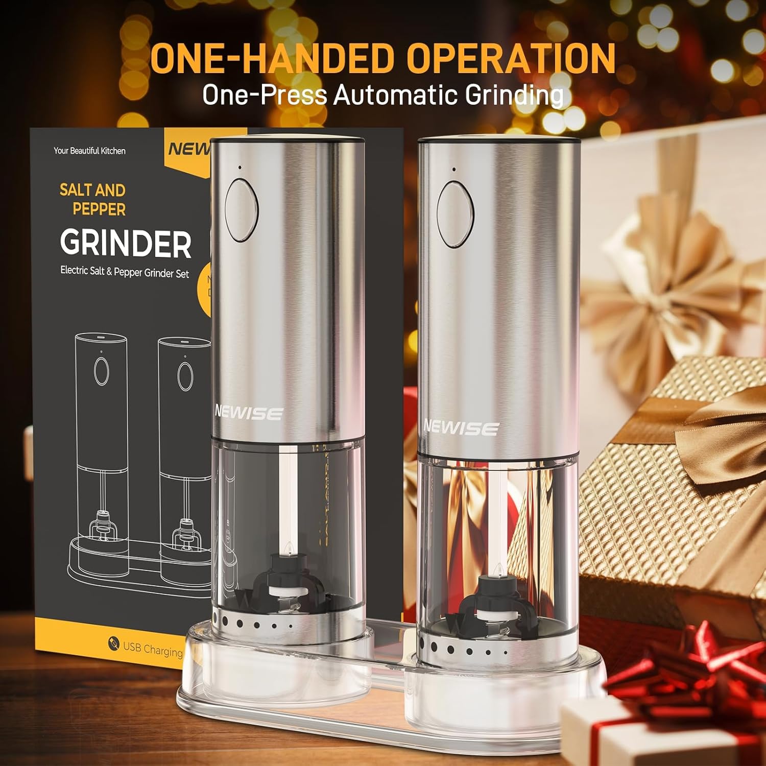 Electric Salt and Pepper Grinder Set, Rechargeable with LED Lights, Stainless Steel Automatic Pepper & Salt Mill, Adjustable Coarseness, Large Capacity, Silver - Image 8