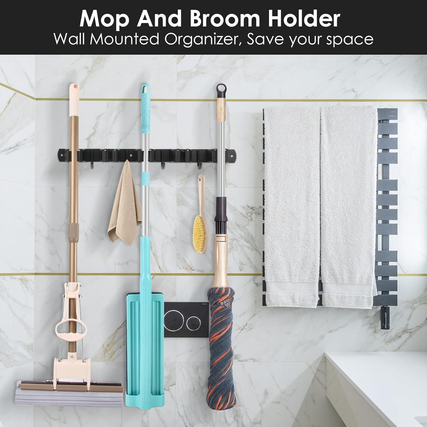 lazycozy® Broom Holder Wall Mount, Mop and Broom Organizer Wall Hanging, 5 Clamps and 4 Hooks + 2 Independent Clamps, Tool Storage Utility Rack for Home Kitchen Garden Laundry Garage - Image 8