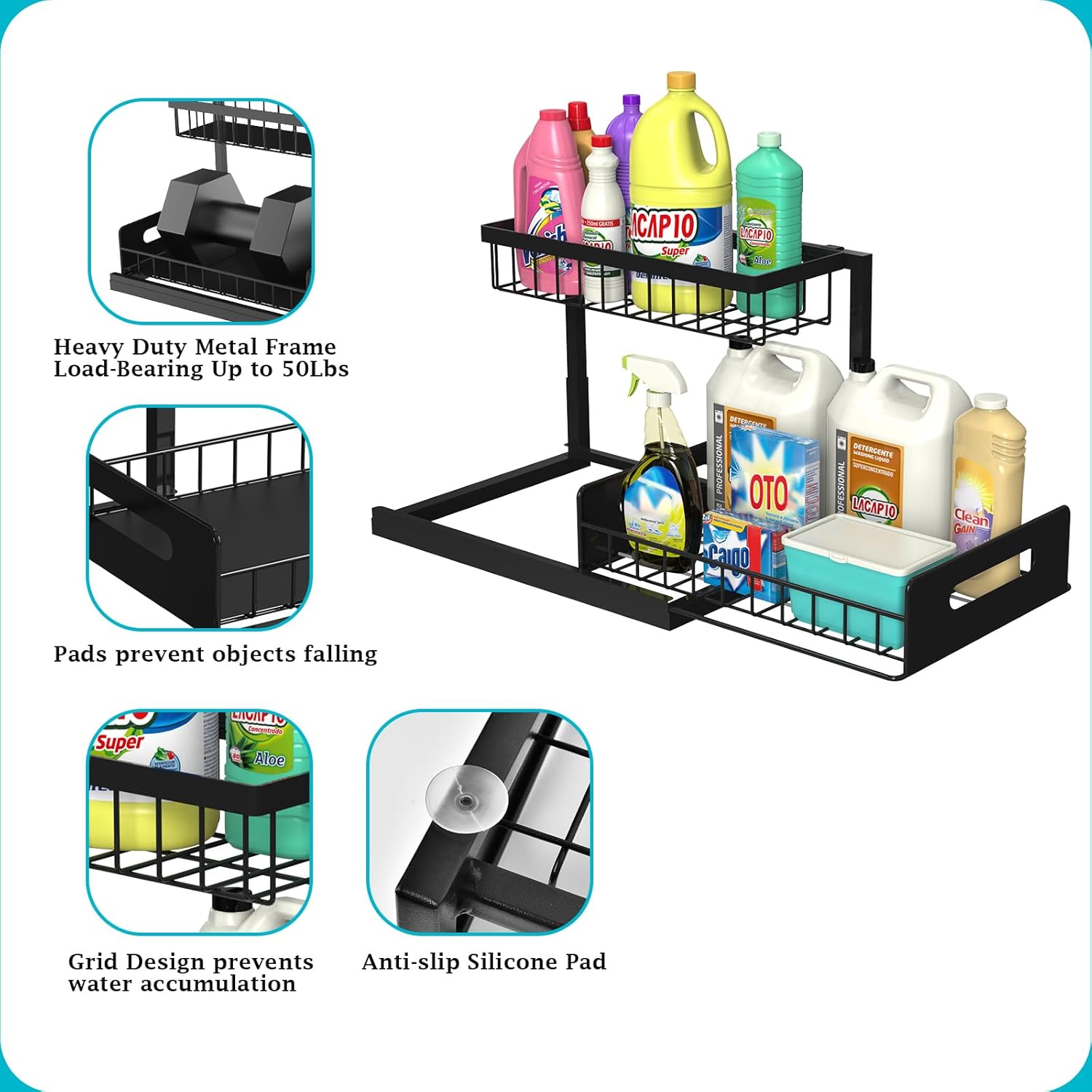 REALINN Under Sink Organizer, Pull Out Cabinet Storage 2 Tier Slide Out Sink Shelf, Kitchen Organizers and Storage, Black, 1 Pack - Image 7