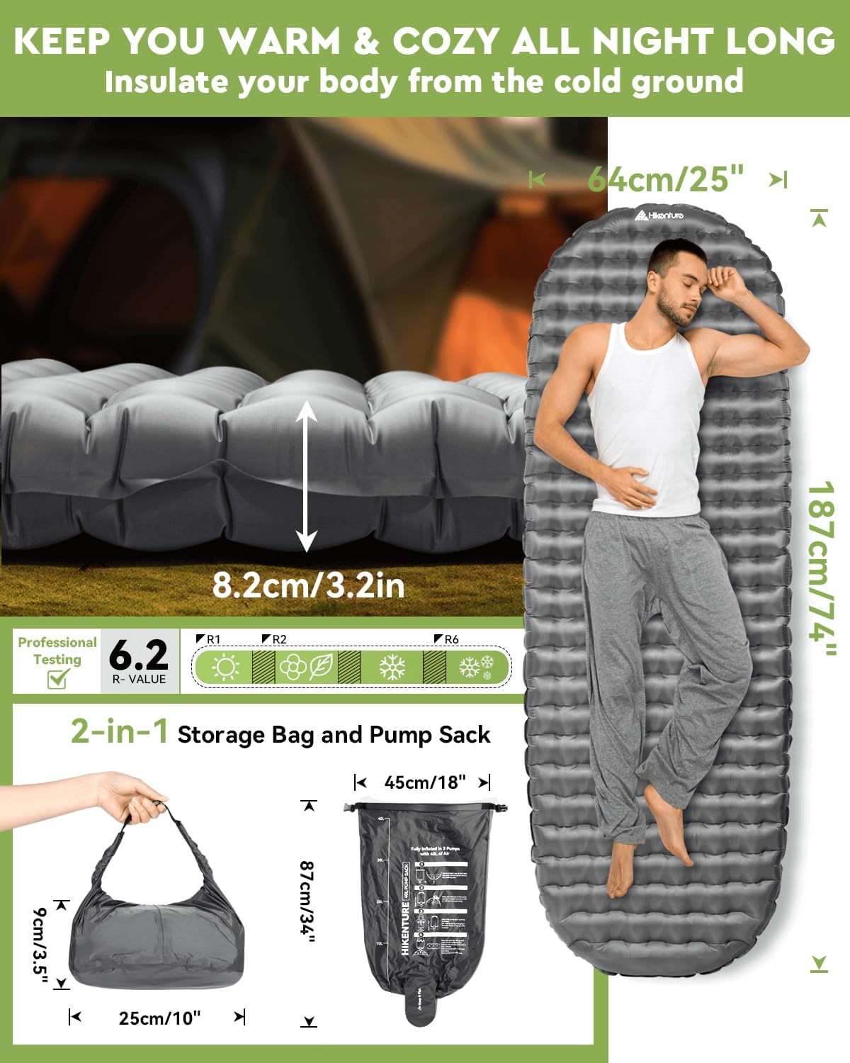Hikenture Sleeping Pad R-Value 6.2 Insulated Camping Mattress for Cold Weather with Pump Sack(1201-A1) - Image 7