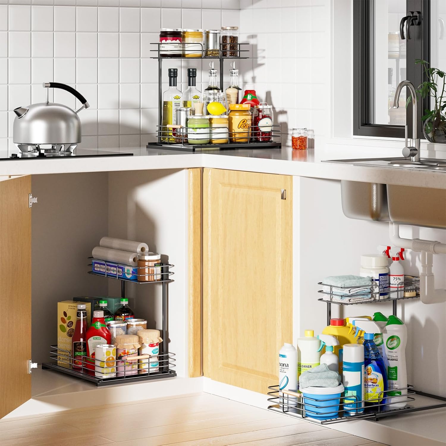 LAMU 2Pack Under Sink Organizers and Storage, 2 Tier Bathroom Kitchen Cabinet Organizers and Storage, Pull Out Under Sink Storage Kitchen Shelf Organizer for Under Counter Storage Organizer - Image 5