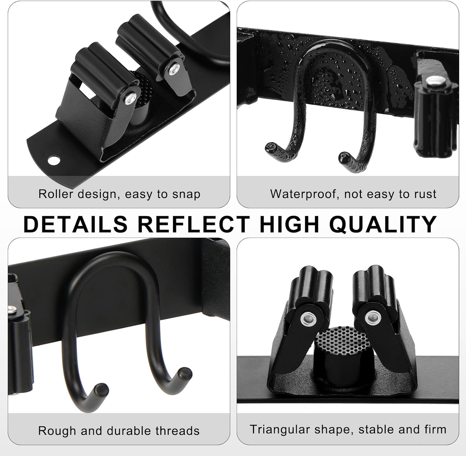 Mop Broom Holder Wall Mount, Black Stainless Steel Tool Storage Organizer for Kitchen Garden Garage Laundry Room Bathroom and RV with 4 Slots 6 Hooks - Image 5
