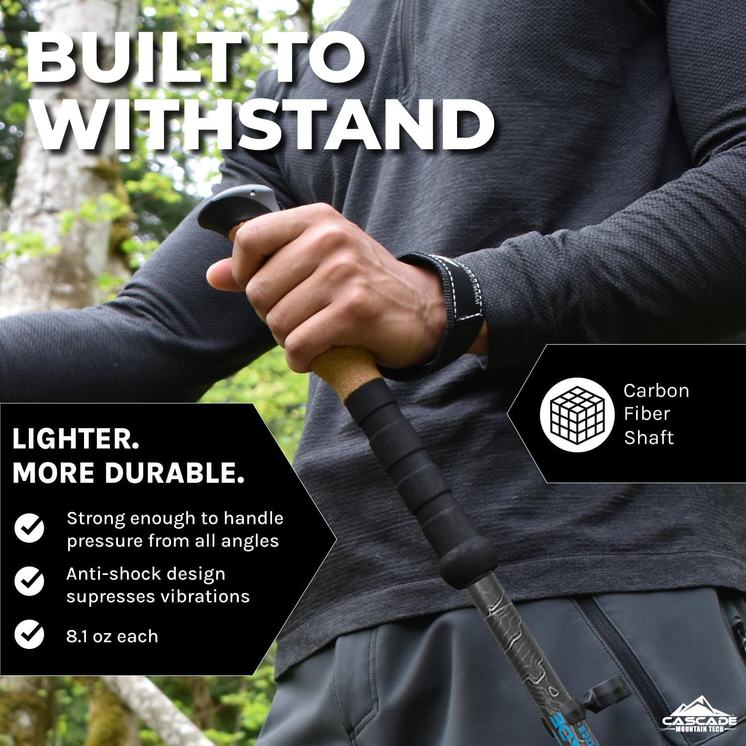Cascade Mountain Tech Trekking Poles - Carbon Fiber Walking or Hiking Sticks with Quick Adjustable Locks - Image 3