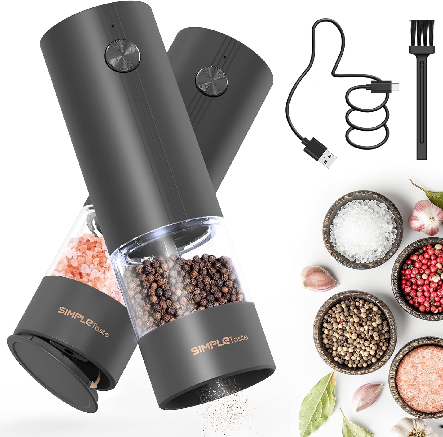 SIMPLETASTE Electric Salt and Pepper Grinder Set Rechargeable with LED Light and Dust Cover, Automatic Pepper Mill Shakers with Adjustable Coarseness, One Hand Operation for Kitchen, Dining, Gifting - Image 2