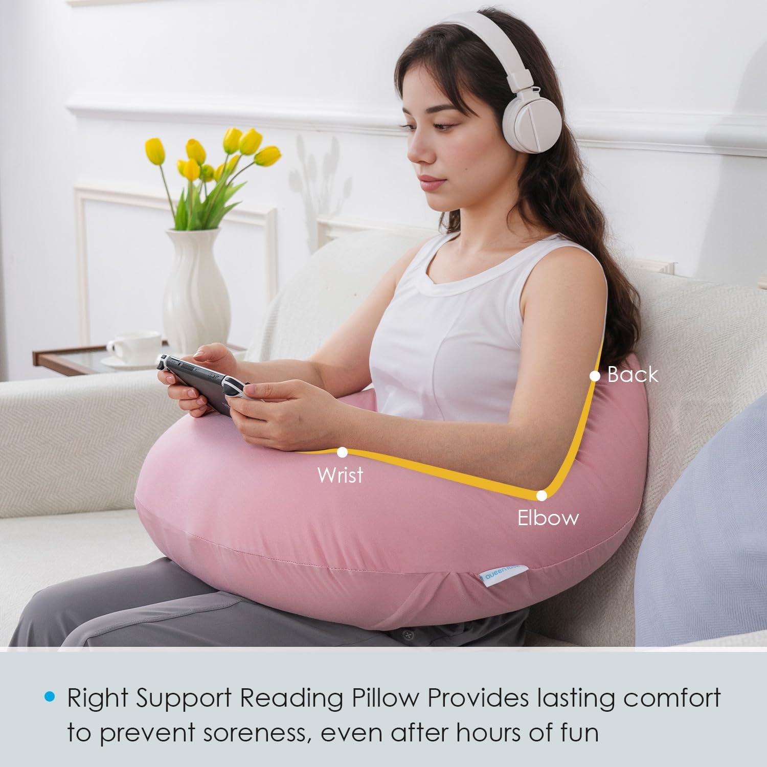 QUEEN ROSE Reading Pillow for Gaming, Lap Desk Pillow for Sitting in Bed or Sofa, Compact Arm Support Pillow for Reading, Playing or Crocheting, Cooling Pink - Image 4
