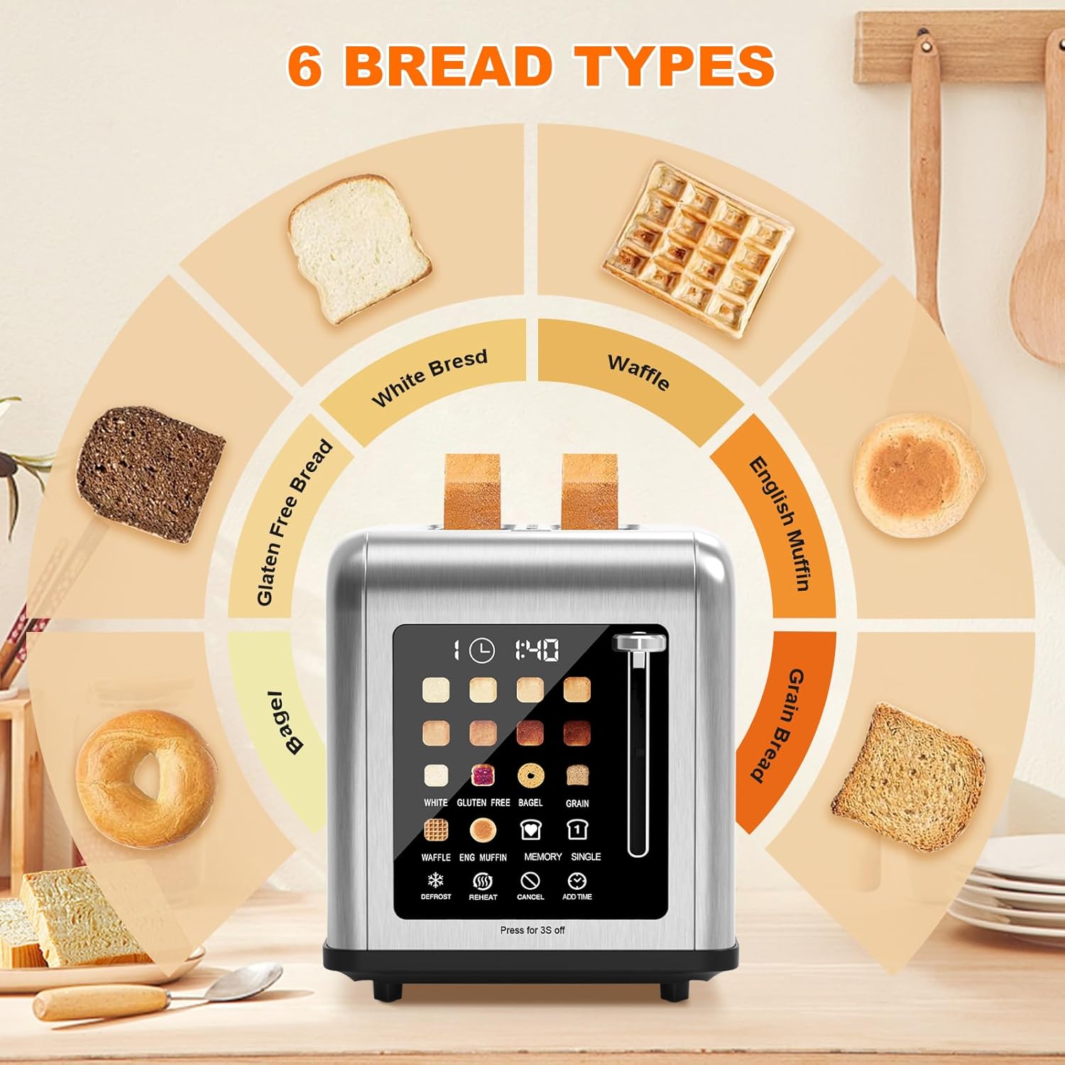 2 Slice Toaster Touch Screen, Stainless Steel Toasters Digital Timer 2 Slot Toasters, 8 Shade Settings 6 Bread Types for Bagel, Cancel, Defrost(Stainless Steel) - Image 5