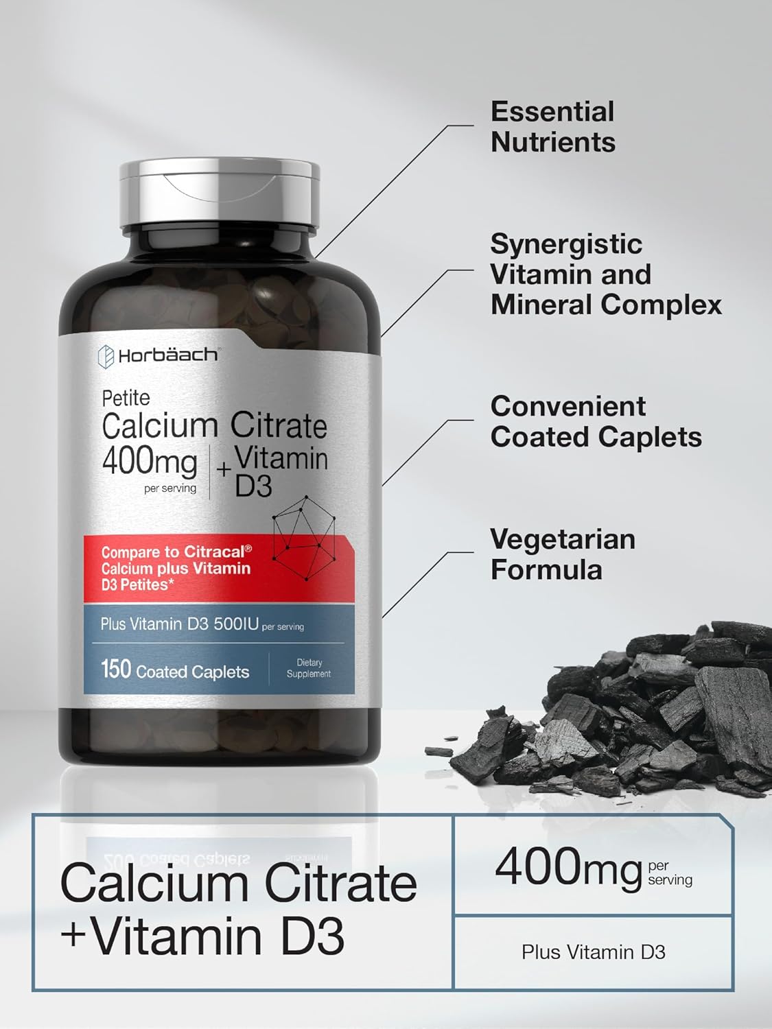 Horbäach Calcium Citrate with Vitamin D3 | 150 Petite Coated Caplets | Supplement for Men and Women | Vegetarian, Non-GMO & Gluten Free - Image 5