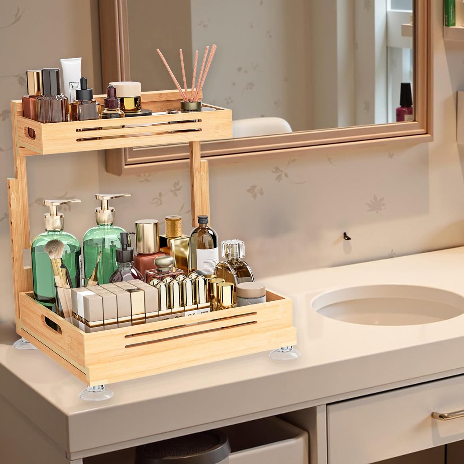 Under Sink Organizer, Pull Out Cabinet Organizer, 2 Tier Slide Out Sink Shelf Cabinet Storage Shelves, Storage for Kitchen Bathroom, Natural Premium Bamboo Wood - Image 10