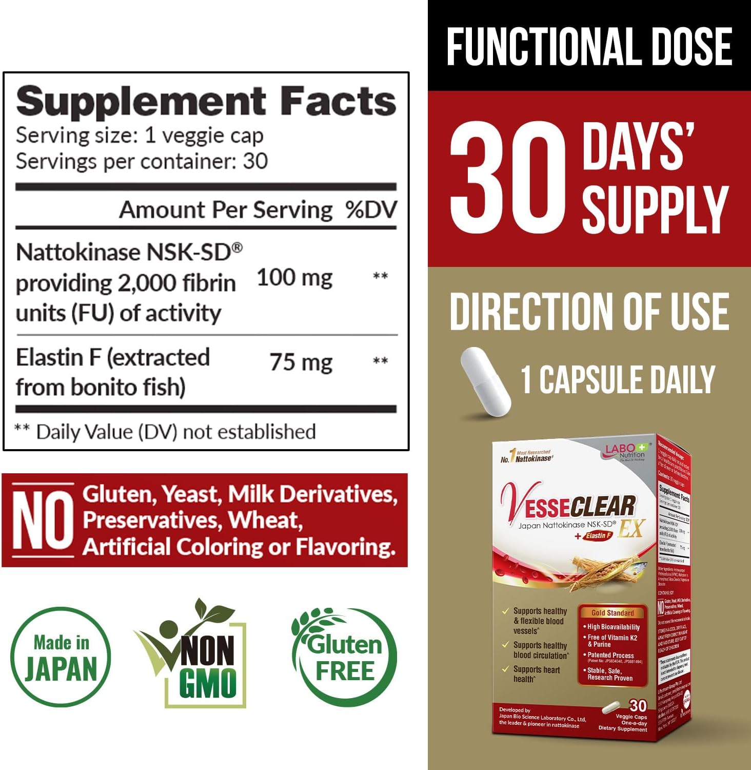 LABO Nutrition VesseCLEAR EX: Nattokinase NSK-SD+Elastin F for Clean & Flexible Blood Vessel. Japan's Most Clinically Studied, Functional Dose, Acid-Resistant/Delayed Release Capsules, 90 Count - Image 7