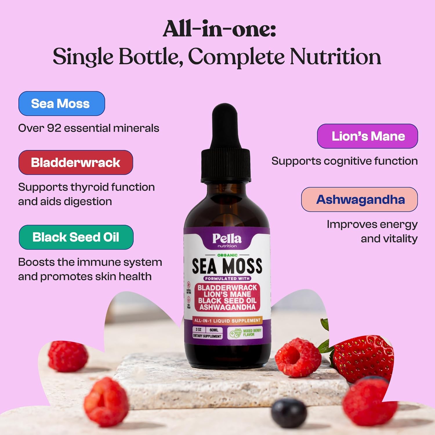 Sea Moss and Ashwagandha Liquid Supplement - Infused with Lion's Mane, Black Seed Oil, and Bladderwrack - Vegan, Easy-to-Mix Formula - Supports Antioxidant Activity & Immune Health (Mixed Berry, 60mL) - Image 4