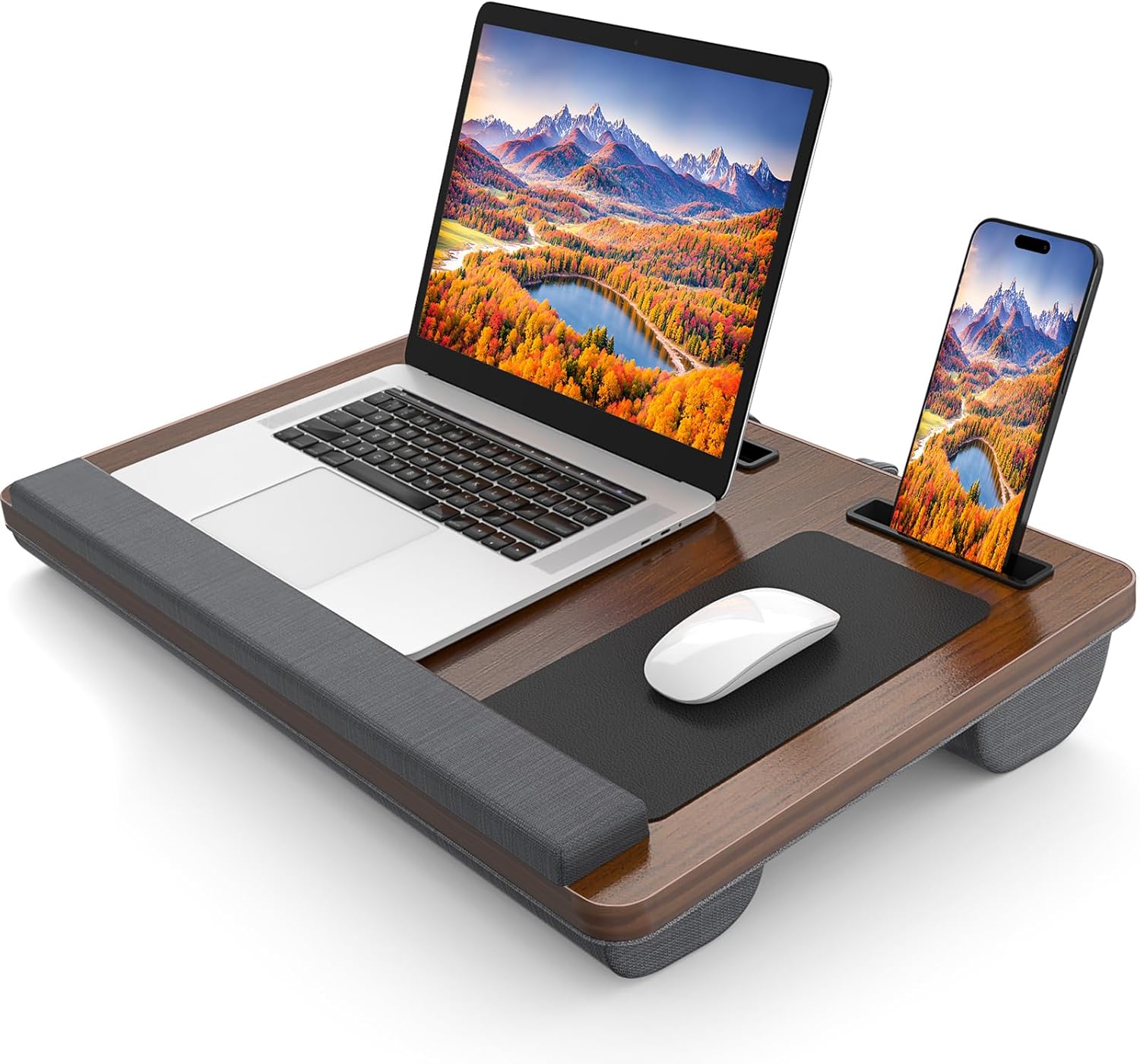 Laptop Lap Desk, Portable Large Laptop Desk for Bed, Up to 17 in Lap Table with Wrist Rest, Mouse Pad, Tablet Phone Slot, Portable Handle, Lap Tray with Cushion (Dark Brown) - Image 2