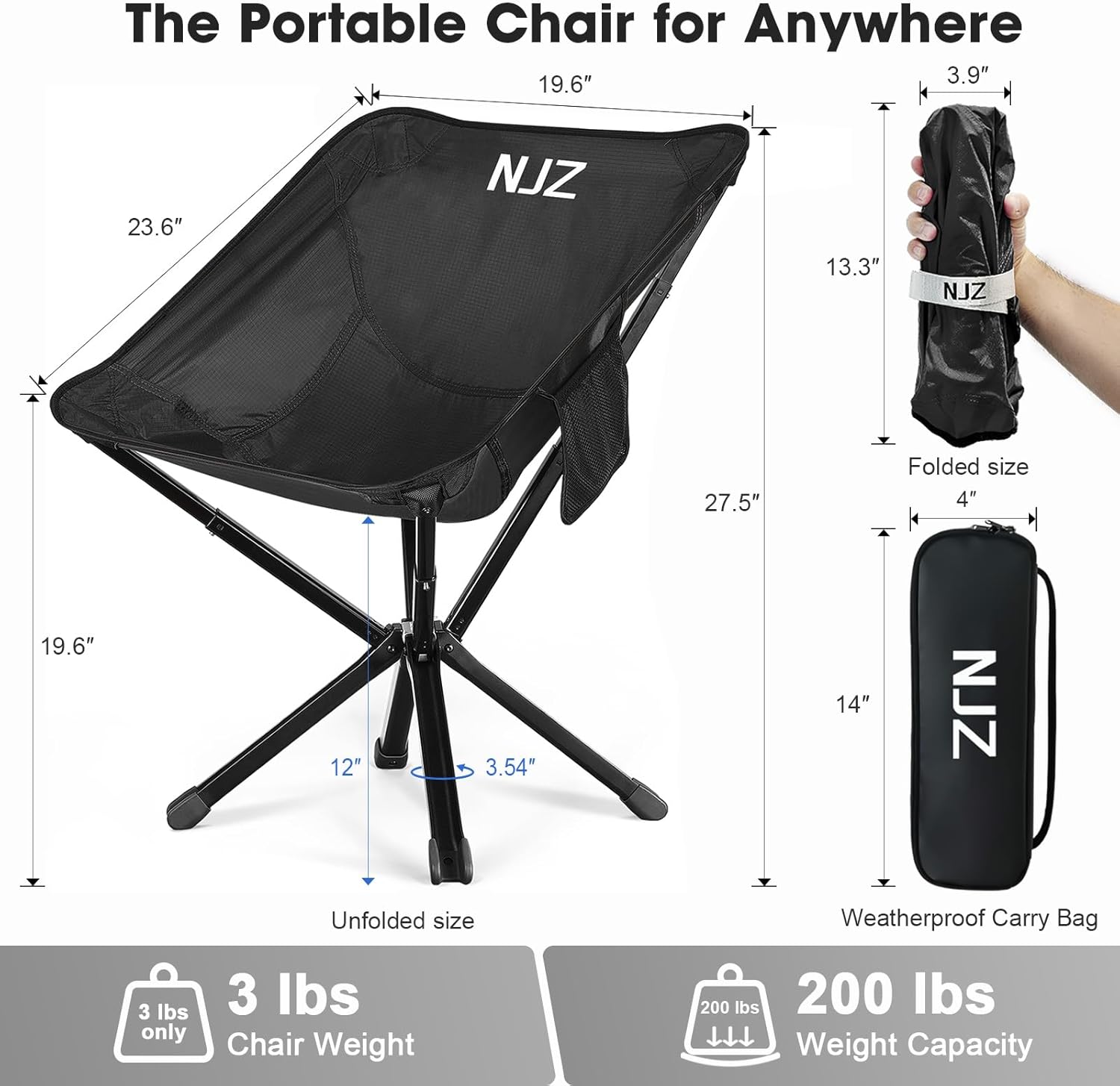 Small Camping Chair, Compact Folding Camping Chair for Adults-200 LBS Supported Lightweight Backpacking Chair for Outdoors Fishing, Hiking, Travel, Picnic, Beach Aluminum Chair(Black) - Image 3