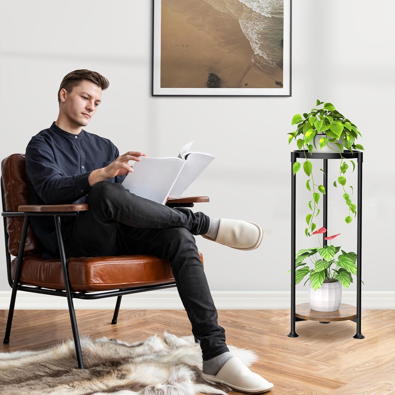 KMOTASUO 2 Tier Plant Stands Indoor, 30 Inch Tall Metal Corner Plant Stand, Modern Flower Shelf Pot Holder Planter Display Rack for Living Room Balcony Patio Garden(Black) - Image 8