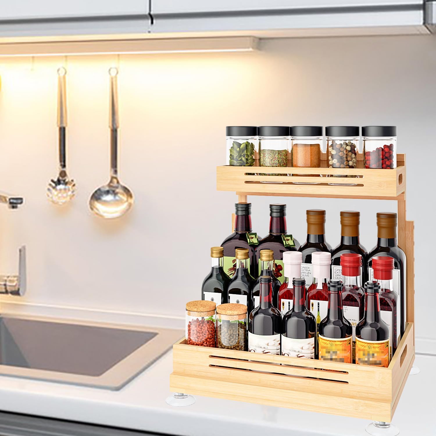 Under Sink Organizer, Pull Out Cabinet Organizer, 2 Tier Slide Out Sink Shelf Cabinet Storage Shelves, Storage for Kitchen Bathroom, Natural Premium Bamboo Wood - Image 7