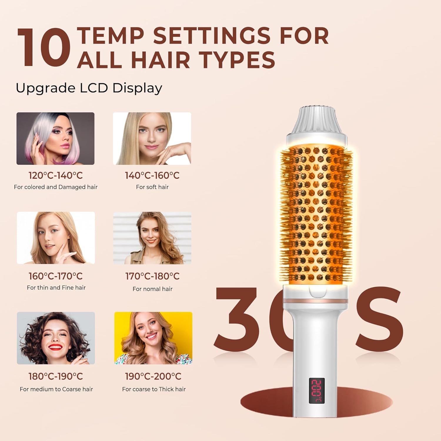 Thermal Brush,10 Temperatures LCD Display Upgrade to 400°F 1.5 in Heated Round Brush Curling Iron Heated Ceramic Tourmaline Ionic Comb 110-240V Volum - Image 8
