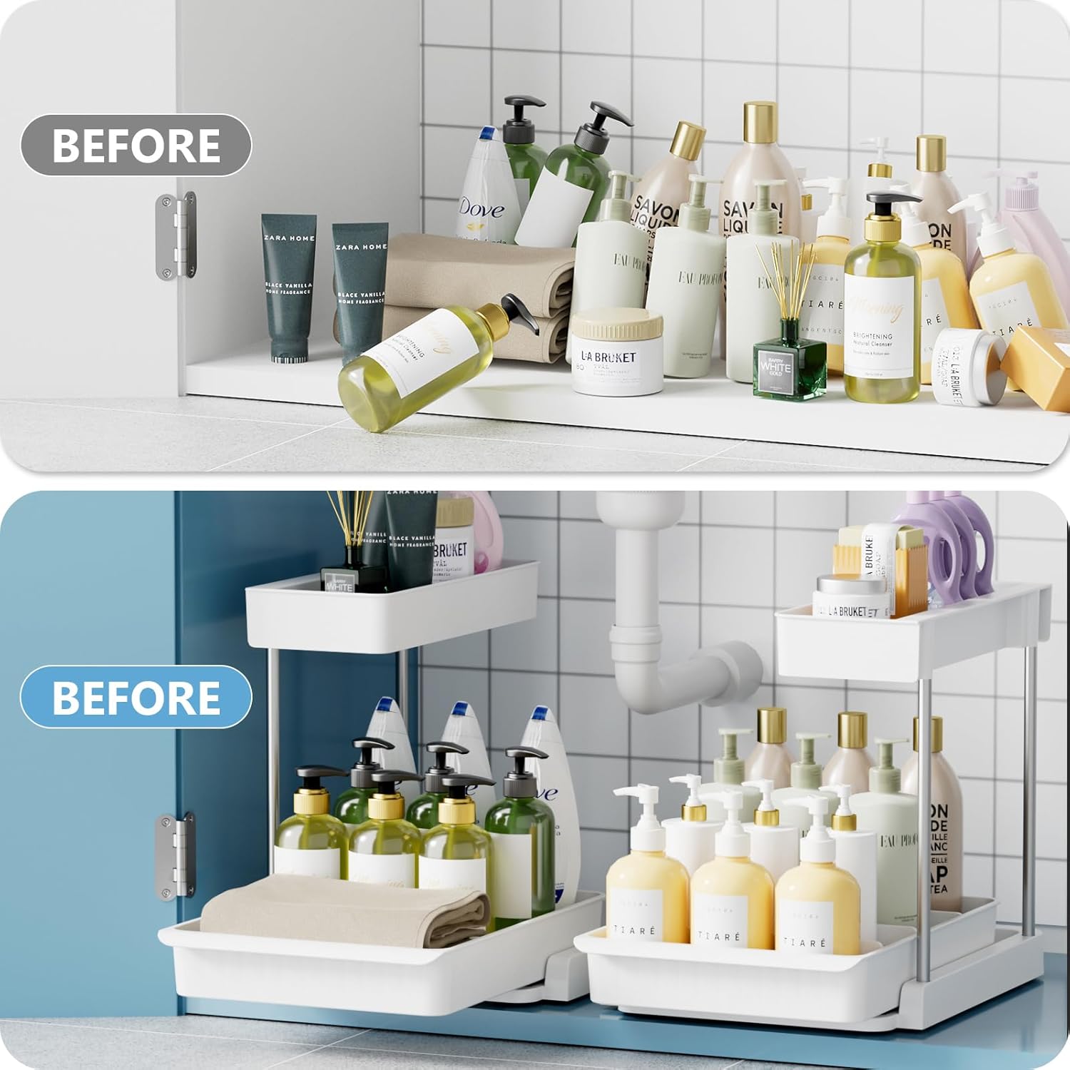Under Sink Organizer and Storage, 2 Pack Bathroom Storage Cabinet L-Shaped with Basket, Multi-Purpose Sliding Cabinet Organizer for Kitchen Pantry Organization and Storage, White, 2 Pack - Image 9