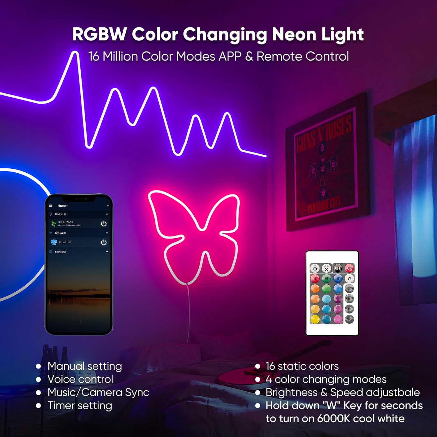 Shine Decor 24V Smart Neon Rope Lights, RGBW Silicone Neon Light Remote APP WiFi Control Music Sync, RGB+Cool White Changing Dimmable LED Neon Strip 16.4 Ft Flexible Waterproof for Indoor Outdoor - Image 3