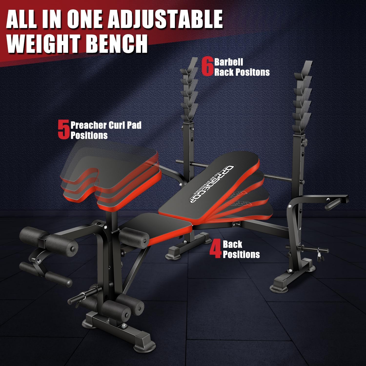 OPPSDECOR 660lbs 6 in 1 Weight Bench Set with Squat Rack, Workout Bench with Leg Extension Preacher Curl Rack Multi-Function Bench Press Set for Home Gym, ZWX1113 New Version Weight Bench - Image 5