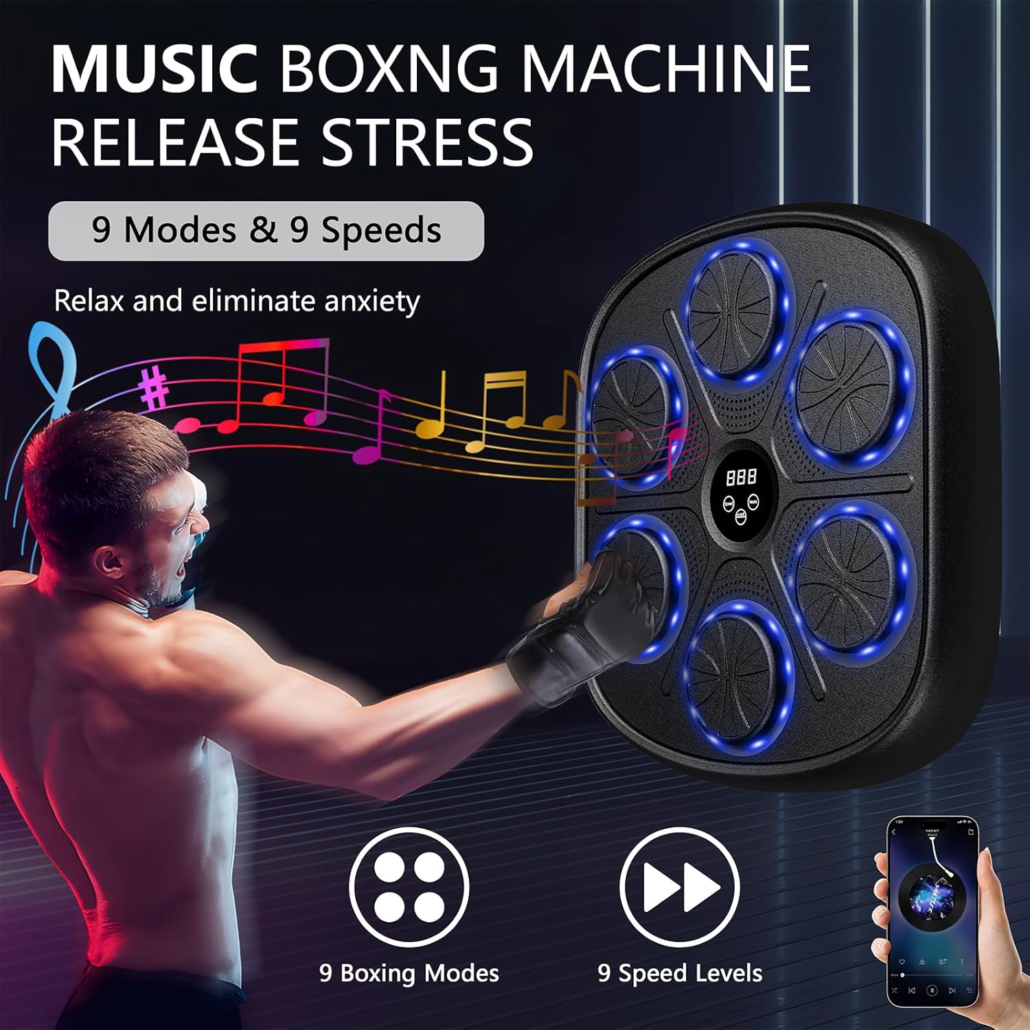 Music Boxing Machine for Adults, Smart Bluetooth Music Punching Machine with Boxing Gloves, Boxing Machine Wall Mounted Music, 9 Modes and 9 Speeds for Home, Office and Gym - Image 6