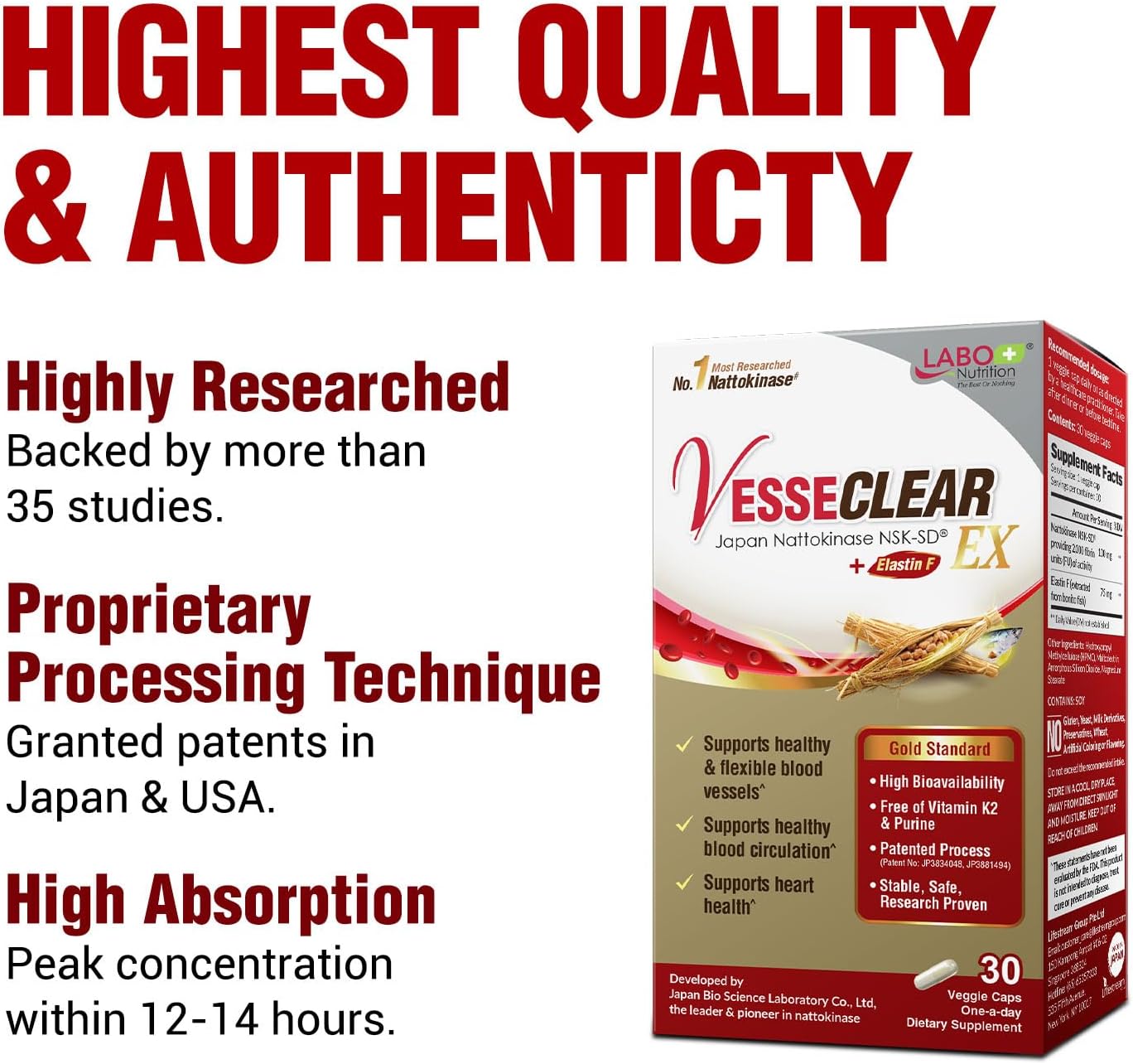 LABO Nutrition VesseCLEAR EX: Nattokinase NSK-SD+Elastin F for Clean & Flexible Blood Vessel. Japan's Most Clinically Studied, Functional Dose, Acid-Resistant/Delayed Release Capsules, 90 Count - Image 5
