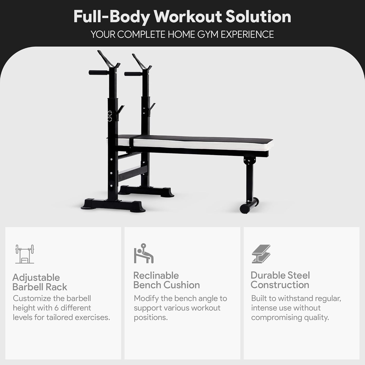 BalanceFrom Steel Weight Bench w/ Squat Rack in Multiple Colors, 400 lb User Capacity - Foldable Home Gym Equipment for Range of Workouts w/ 6-Position Barbell Holder & Adjustable Seat and Recliner - Image 3
