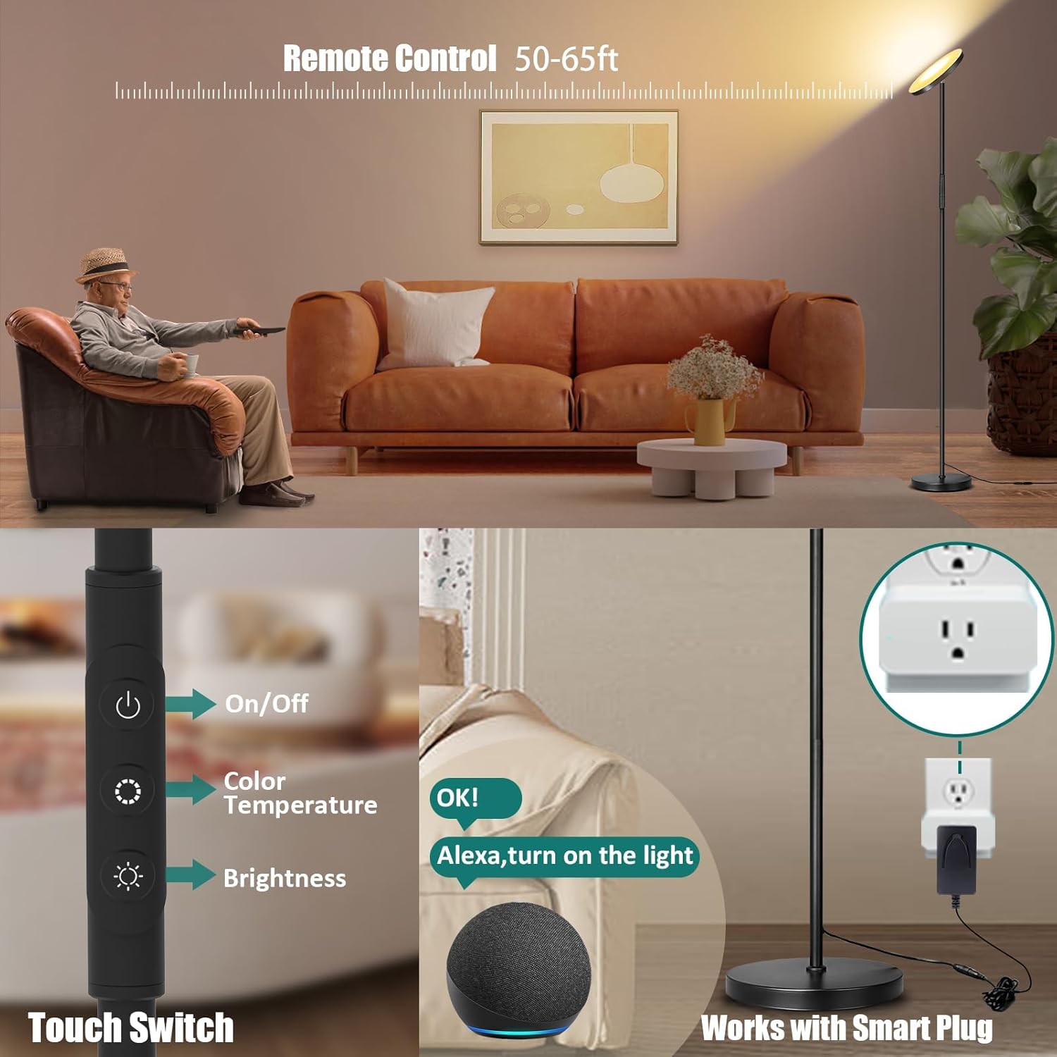 Floor Lamp, Upgraded 40W 4000LM Super Bright Torchiere LED Floor Lamps for Living Room, Stepless Dimmable Color Temperature 2700K-6500K with Remote & Touch Control, Standing Light for Bedroom Office - Image 7