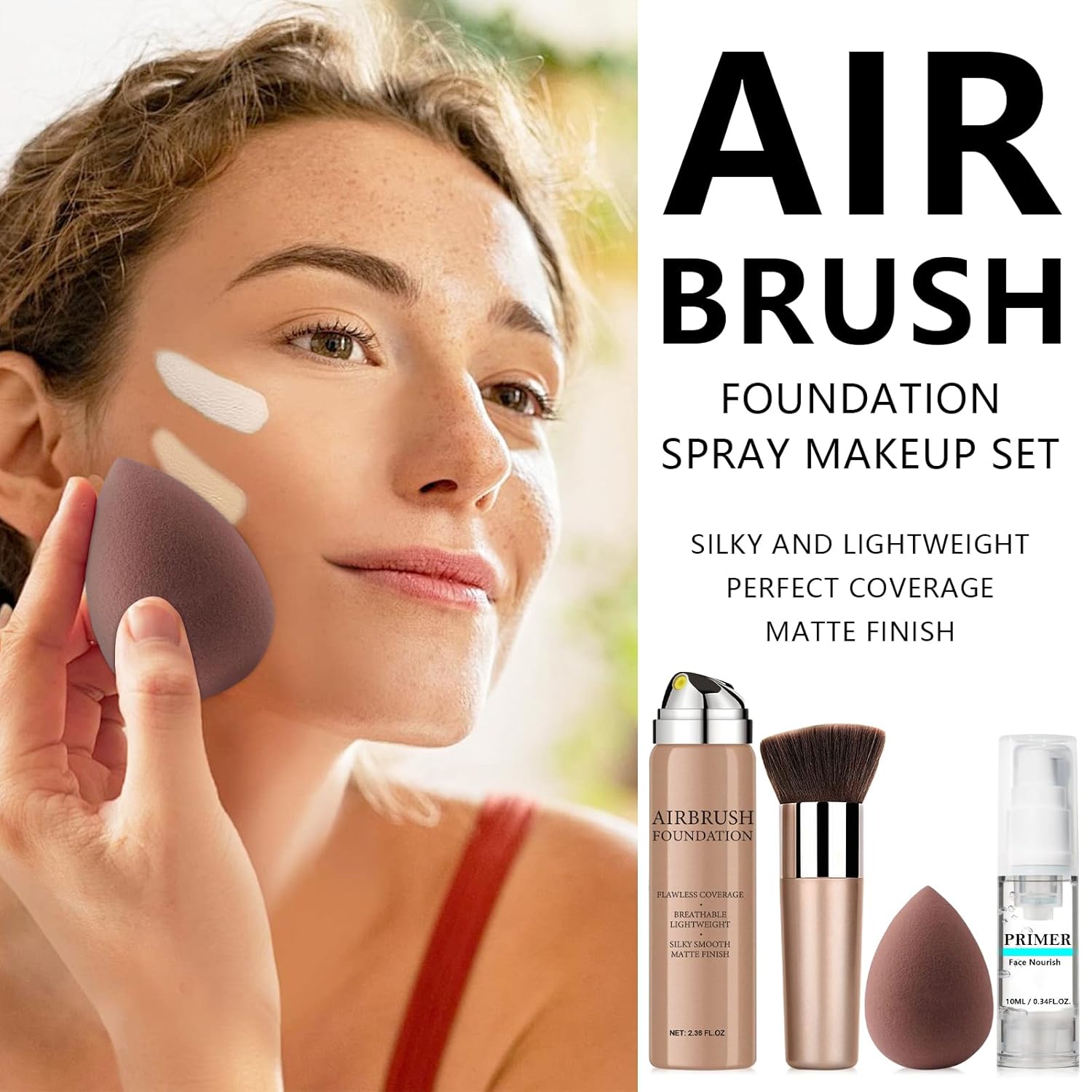 AirBrush Foundation Spray With Primer and Brush, Silky Mist Foundation Spray Makeup, Full Coverage Foundation for Smooth Radiant Finish, Formula Breathable Lightweight Hydrating(#3 Nude) - Image 4