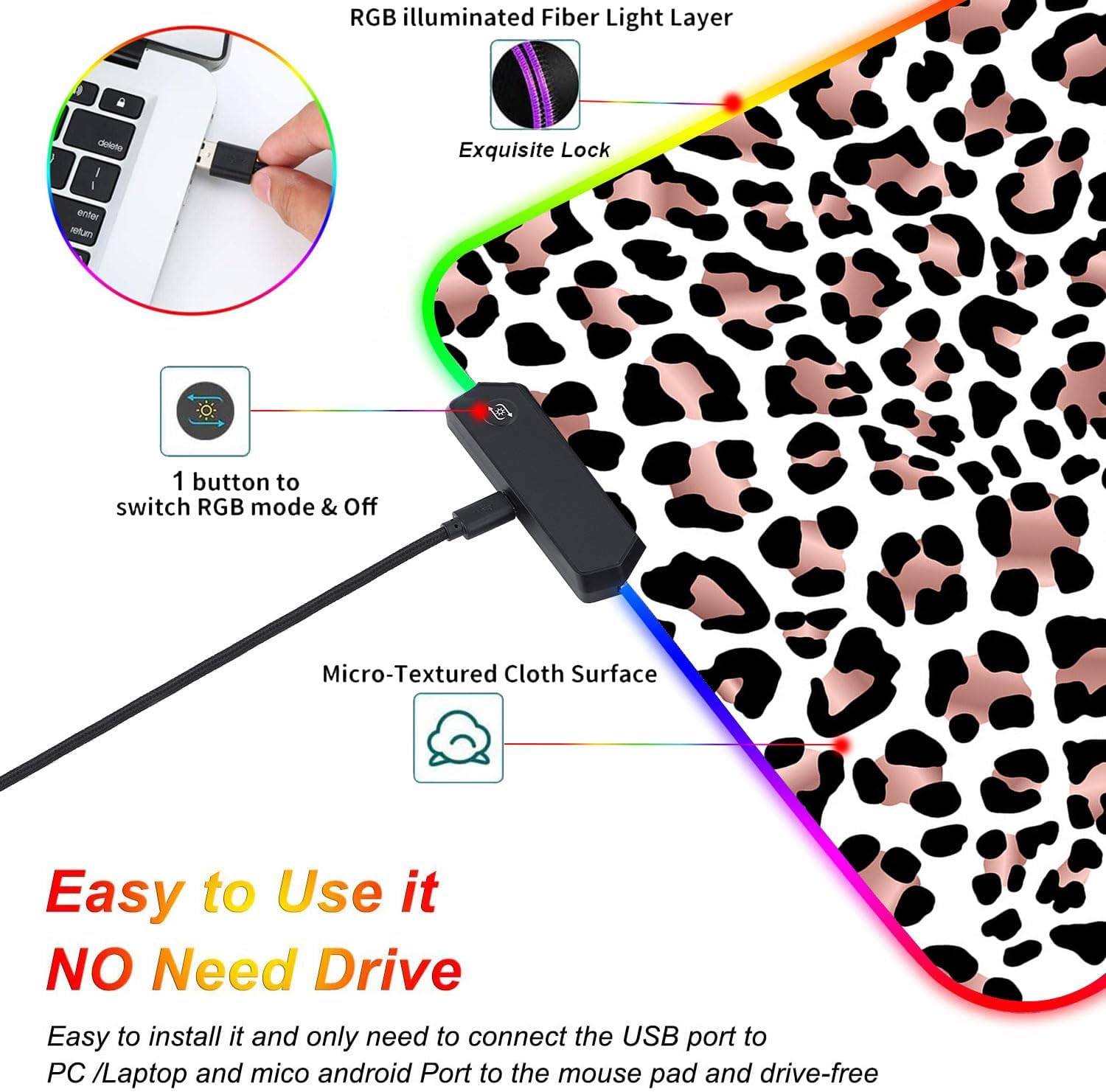 Customized RGB Gaming Mouse Pad and Coffee Coaster,Large Glowing Led Anti-Slip Rubber Base Computer Keyboard Desk Mouse Mat 31.4x11.8 Inch,Leopard Print - Image 7