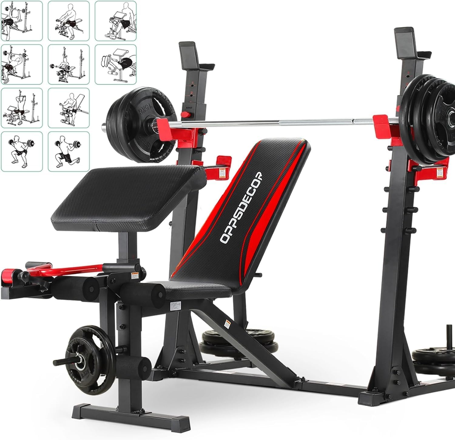 OPPSDECOR Professional Weight Bench Set with Barbell/Squat Rack, 900LBS Heavy Duty Bench Press Set with Leg Curl/Extension and Preacher Curl, Adjustable Full-Body Workout Bench for Home Gym Fitness - Image 2