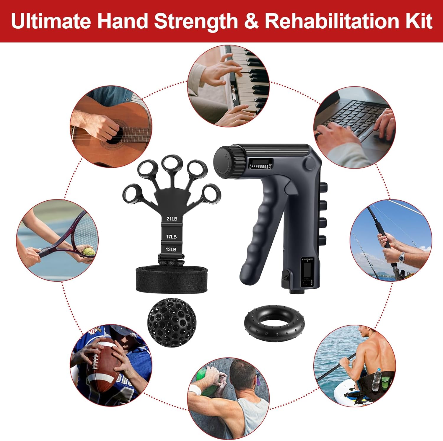 Adjustable Grip Strengthener with 2 in 1 Finger Exerciser Forearm Strengthener 3D Printed stress Relief Ball Hand Grips Strengthener Kit - (5 Pack) - Image 6